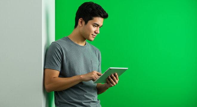 Young man happily using tablet computer against bright green screen background