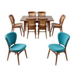 Stylish Dining Room Set with Wooden Table and Colorful Chairs