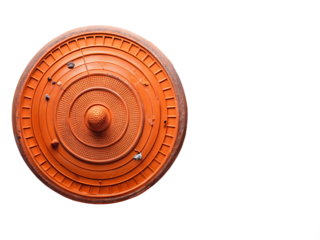 A shattered clay pigeon target with multiple fragments scattered around isolated on white background ,PNG. AI Generated.