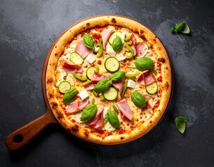Pizza with ham, zucchini, bell peppers, and feta cheese on a wooden board