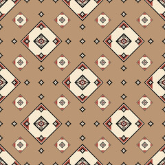 Seamless geometric Navajo-inspired pattern in earthy beige tones, featuring diamond shapes and ethnic motifs. Perfect for textiles, wallpapers, and digital prints.