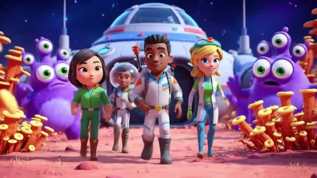 Animated Scene: Diverse Astronaut Team on Alien Planet with Spaceship and Purple Monsters, Cartoon Style, Bright Colors, Outer Space Exploration, Children's Animation, Adventure