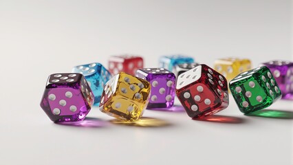 Colorful dice scattered on a transparent background