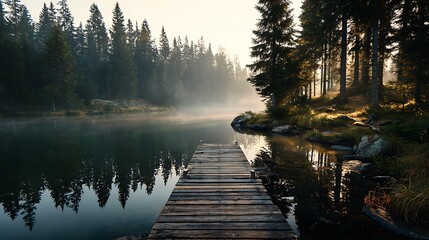Serene Lake Reflection: A tranquil scene of a wooden pier extending over a calm lake, with a majestic forest and soft mist creating a captivating atmosphere.