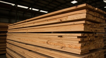 Stacked rough-cut lumber in a warehouse with natural light