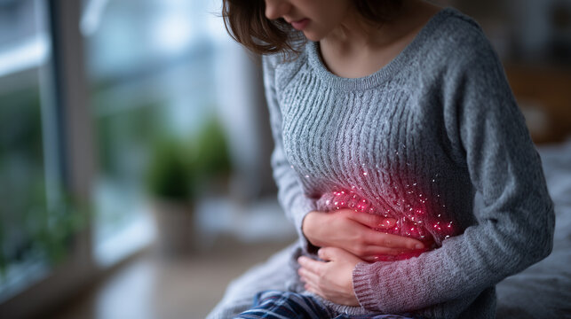 Profile view of young adult female holding her stomach, soft medical infographics overlay highlighting red pelvic region, concept of gynecological pain disorders