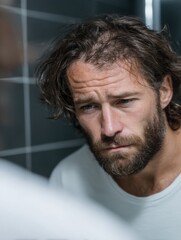 Obraz premium Worried Man with Thinning Hair Looking at Reflection: Hair Loss Concern, Pensive, Indoor, Bathroom Mirror