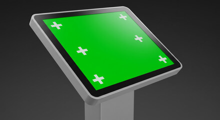 Modern digital kiosk with green screen for custom content creation and interactive displays