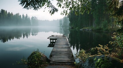 Serene Pier: A tranquil wooden pier extends into a calm lake, with a backdrop of misty, evergreen forest and dappled sunlight, representing a scene of idyllic peace.