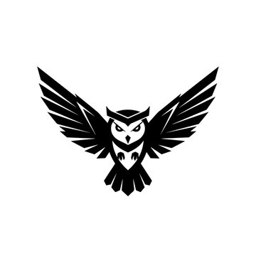 Black owl mascot logo design with spread wings isolated on white or transparent background, vector illustration
