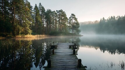 Serene Lakeside Vista: A tranquil dawn unfolds over a calm lake, its surface reflecting the misty embrace of the forest, creating a symphony of nature's serenity.