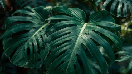 Fototapeta premium Deeply textured, lush green leaves create a captivating close-up image of a vibrant tropical plant.