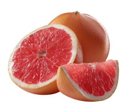 Fresh grapefruit pieces showcasing vibrant pink flesh typical of ripe citrus fruits in a bright, clear design