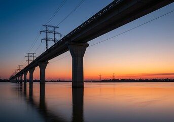 Fototapeta premium Elevated transmission line crossing vast waters at dusk displaying vibrant horizon colors