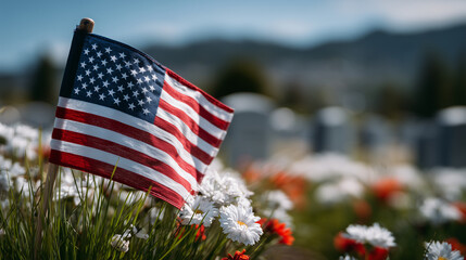 Close-up of folded flag resting against a headstone, blades of grass gently moving in wind, a personal moment of remembrance in a sea of markers