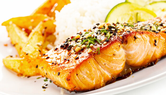 Air fryer honey garlic salmon, honey garlic glaze, with rice and vegetables. AI