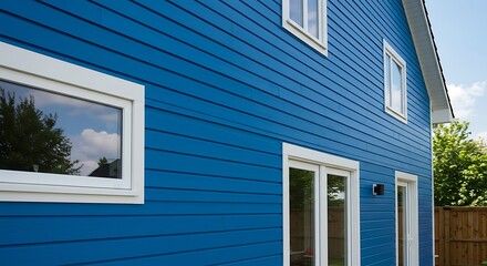 Vibrant Blue Siding on Modern House with White Trim and Windows
