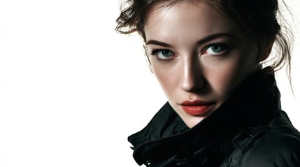 A captivating portrait of a young woman with a piercing gaze, representing strength and self-possession. The image focuses on inner power.