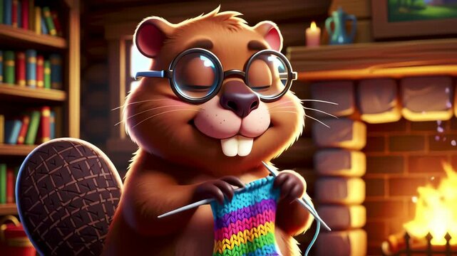 Cute cartoon beaver knitting a colorful scarf by a warm fireplace.