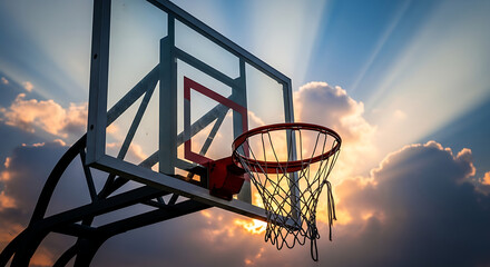 Dramatic basketball hoop silhouetted against stunning sky with sunbeams evokes sports ambition