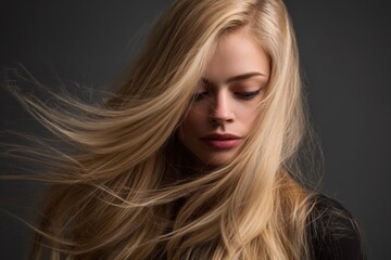Naklejka premium Описание: A portrait of a beautiful woman with long flowing blonde hair. The image conveys a sense of serene beauty, natural elegance, and is suitable for hair care product advertising.