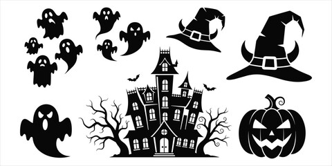 Obraz premium Halloween icons including ghosts, haunted house, witch hats, and pumpkin vector illustration