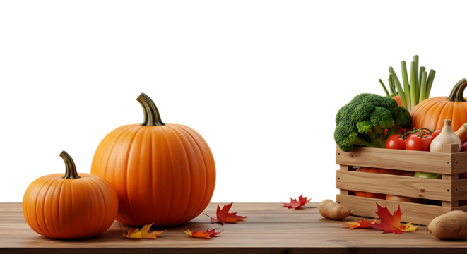 Autumn harvest vegetables and pumpkins isolated on transparent background