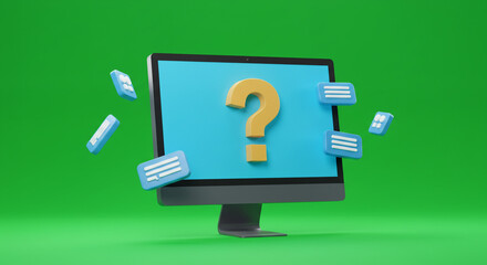 Digital inquiry concept with floating message icons and a prominent question mark on a bright screen