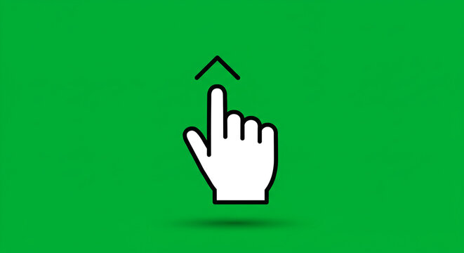 Gesture cursor indicates upward swipe for scrolling or navigation on a vibrant green screen
