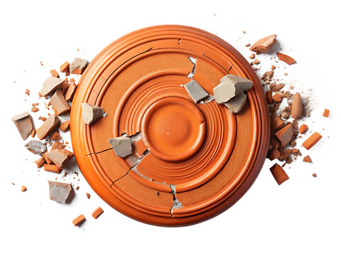 A shattered clay pigeon target with multiple fragments scattered around isolated on white background  ,PNG. AI Generated.