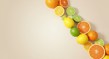 A diagonal arrangement of various citrus fruits, sliced and whole, against a neutral background.