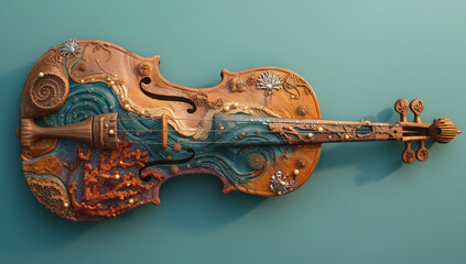Artistic violin with ocean and coral reef design on blue background