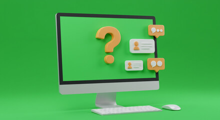 Modern computer displays question mark and chat icons for business communication solutions