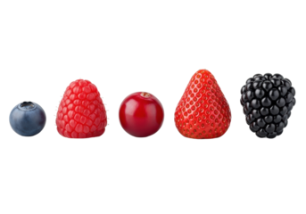 Pristine, ripe blueberry, raspberry, cranberry, strawberry, and blackberry arranged linearly by size on seamless transparent studio background. Concept for high-quality commercial fruit