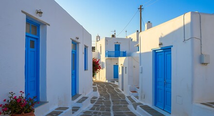 Enchanting greek island alleyway with brilliant white walls and azure blue accents