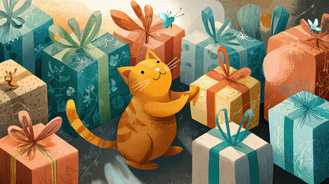 Playful cat unpacking colorful gifts in a festive setting illustrated artwork whimsical environment