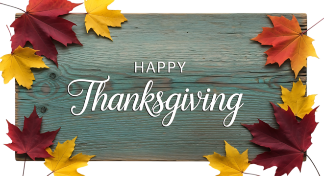 Happy thanksgiving greeting with autumn leaves isolated on transparent background