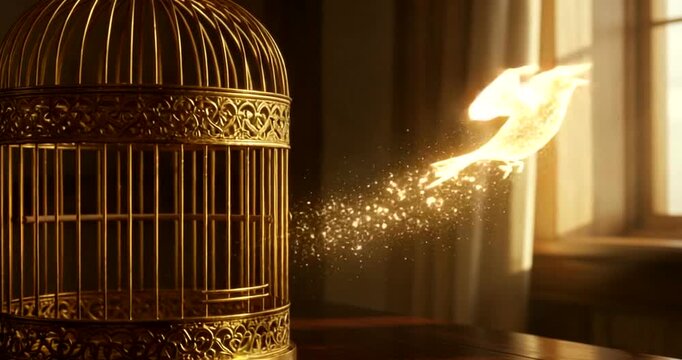 Golden bird escaping from ornate cage in sunlit room