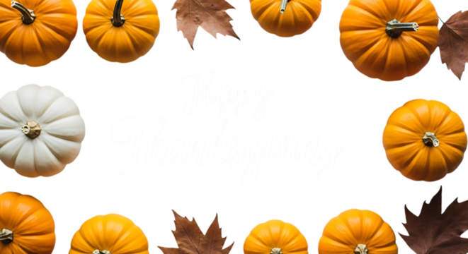 Happy thanksgiving greeting with pumpkins and autumn leaves isolated on transparent background