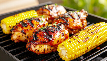 Balsamic glazed chicken with fresh corn cobs on a summer grill. AI