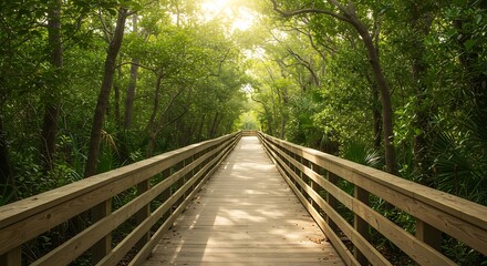 Wooden boardwalk winding through lush green forest with sunbeams