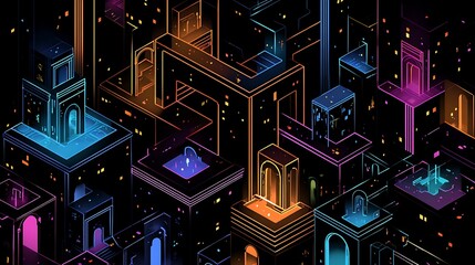 A futuristic cityscape with glowing architectural details.