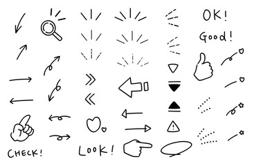 注目、気づき、強調、驚きを表すアイコンセット。集中線や矢印、漫画のような手書きの装飾。