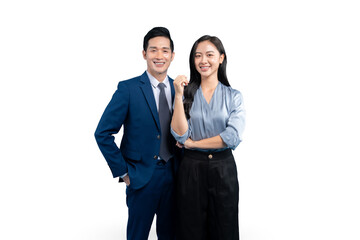 Two well-dressed business professional colleagues are standing next to each other while looking straight at the camera with smiles on PNG background
