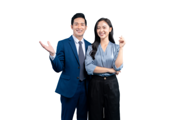 A smiling Asian couple in business attire on PNG background