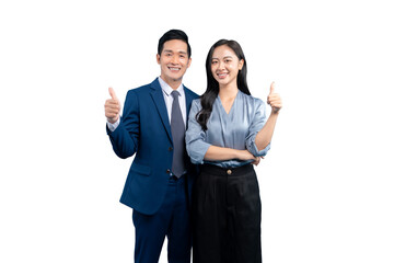 Two Asian people giving a thumbs up on PNG background