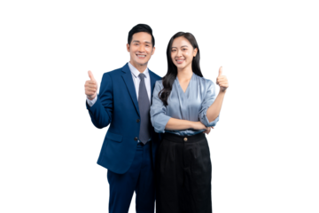 Two Asian people giving a thumbs up on PNG background