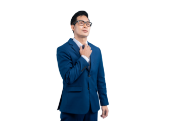 A Asian man in a suit adjusting tie while looking up. He is a handsome asian man. The man is wearing glasses on PNG background