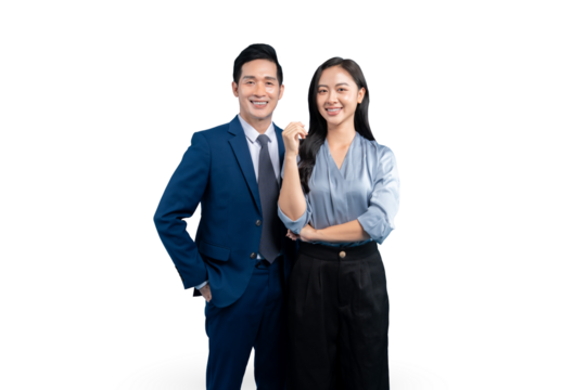 Two well-dressed business professional colleagues are standing next to each other while looking straight at the camera with smiles on PNG background