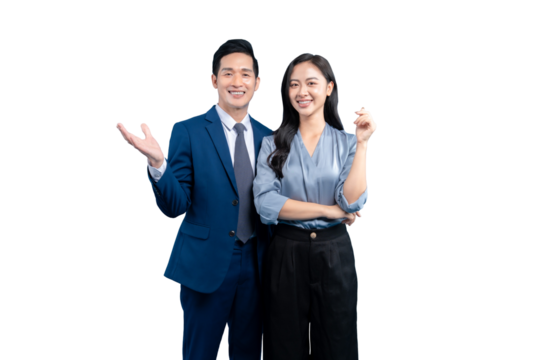 A smiling Asian couple in business attire on PNG background